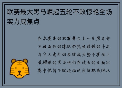 联赛最大黑马崛起五轮不败惊艳全场实力成焦点