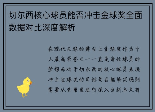 切尔西核心球员能否冲击金球奖全面数据对比深度解析